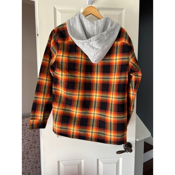 Wrangler Hooded Flannel Jacket Small Plaid Quilted Lined Shacket Orange Black - Picture 7 of 7